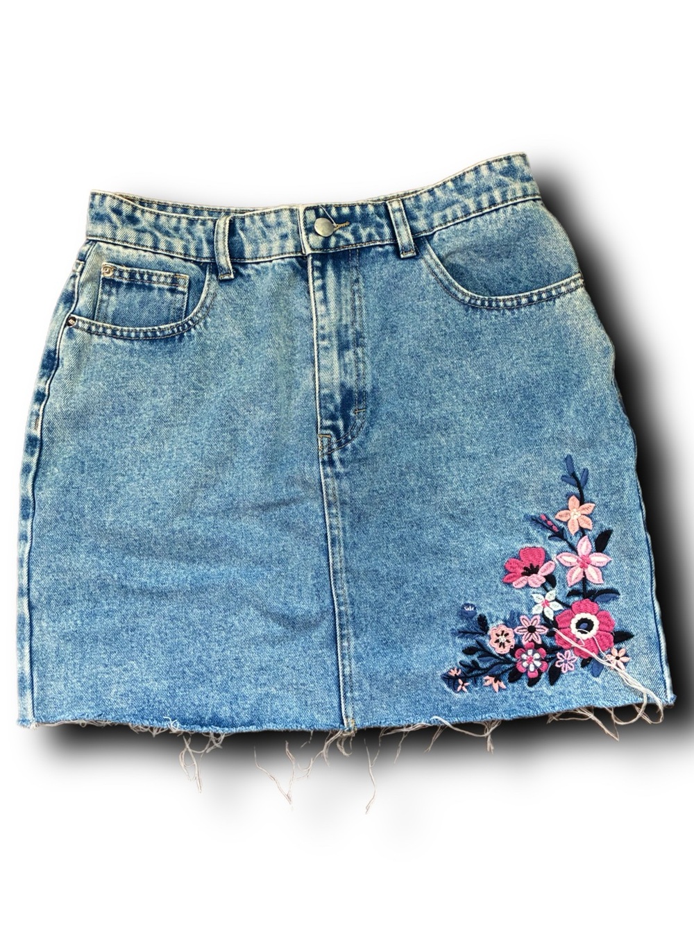 NWT Audrey Parks x Francesca’s Denim Mini Skirt with Pink Floral Embroidery